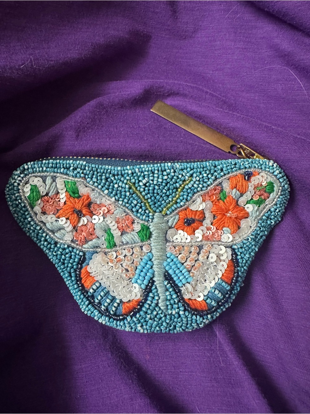 Beaded Butterfly Coin Purse - Turquoise and Orange